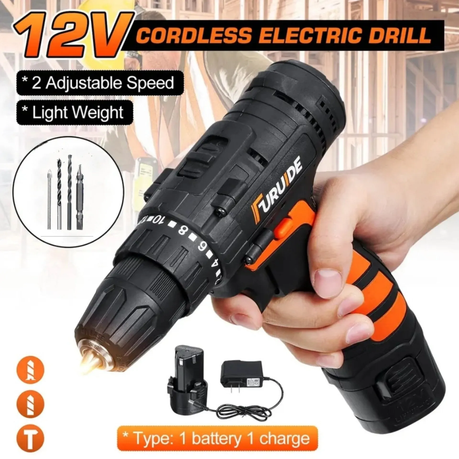 12V Multifunction Drill Screwdriver 2 Speed Electric Cordless Drill Driver Bits Set