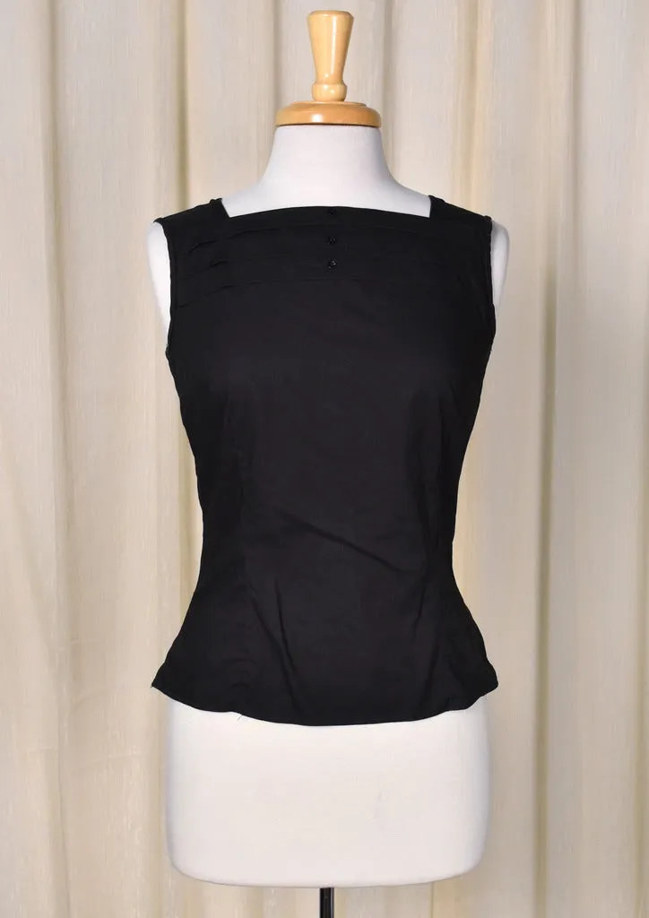 1950s Black Square Neck Button Back Sleeveless Blouse