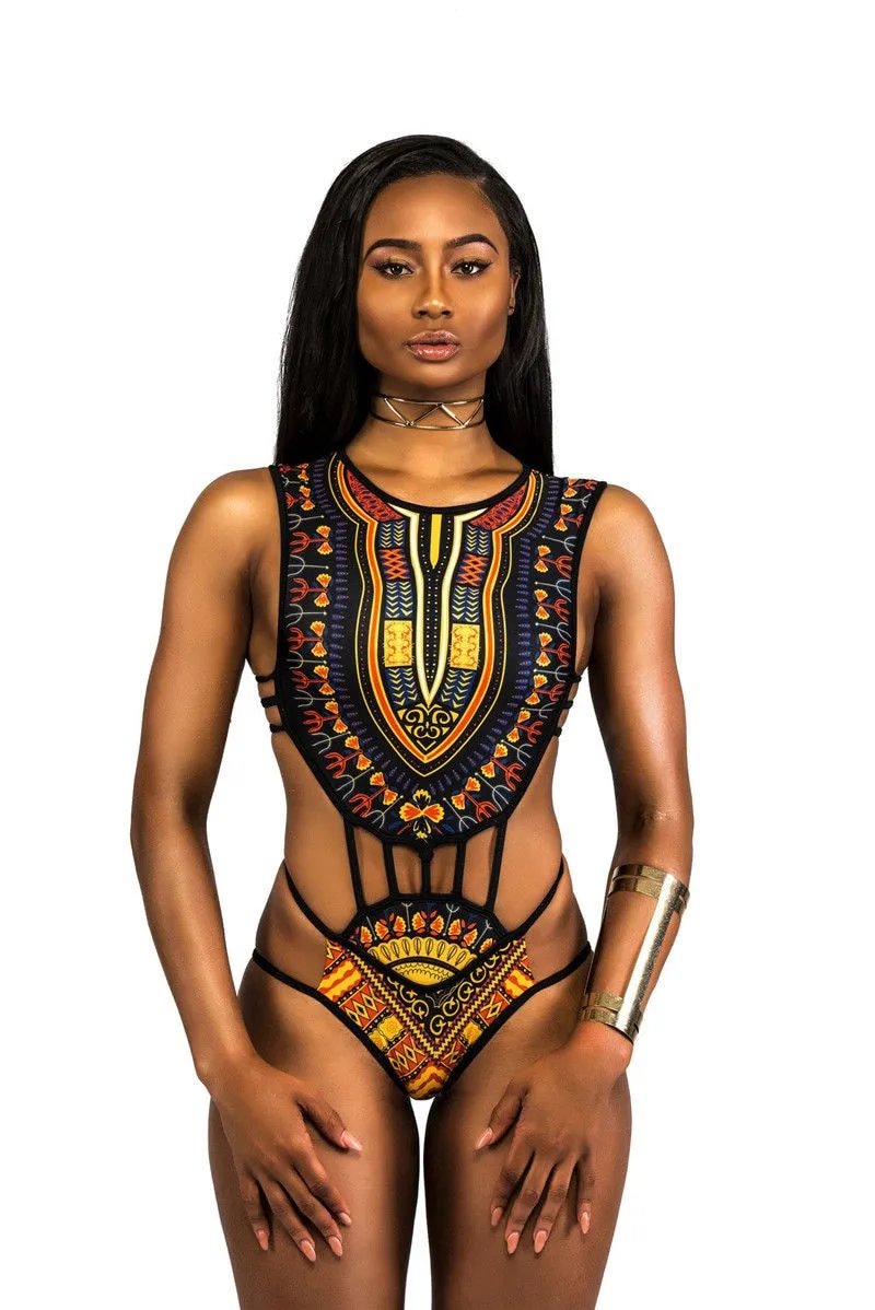 2023 African Dashiki Print One Piece Swimsuit  Monokini