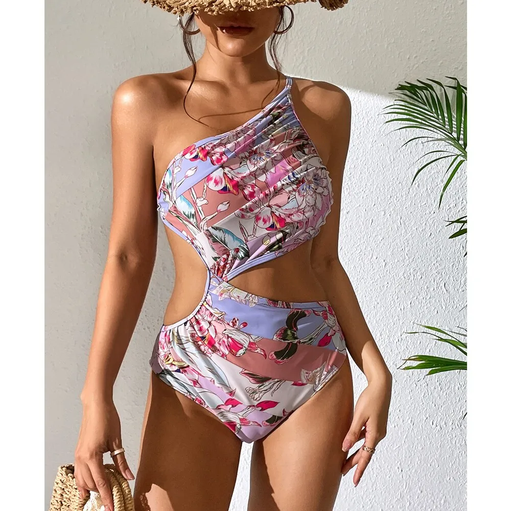 2023 New Sexy One Piece One Shoulder Swimsuit Print Floral Swimwear Women  Bathing Suit Beach Wear Backless Monokini Summer