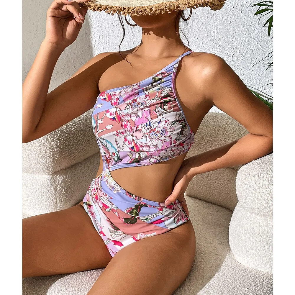 2023 New Sexy One Piece One Shoulder Swimsuit Print Floral Swimwear Women  Bathing Suit Beach Wear Backless Monokini Summer