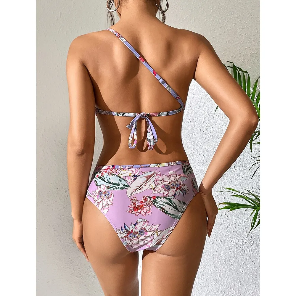 2023 New Sexy One Piece One Shoulder Swimsuit Print Floral Swimwear Women  Bathing Suit Beach Wear Backless Monokini Summer