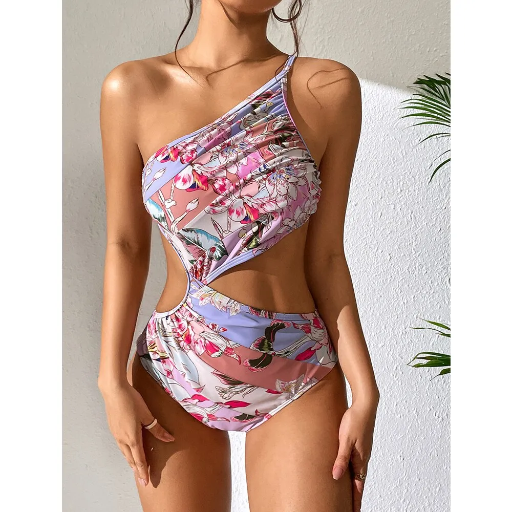 2023 New Sexy One Piece One Shoulder Swimsuit Print Floral Swimwear Women  Bathing Suit Beach Wear Backless Monokini Summer