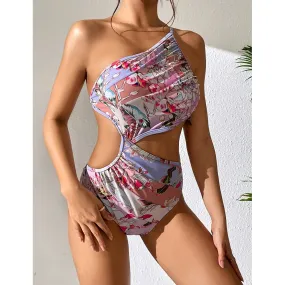 2023 New Sexy One Piece One Shoulder Swimsuit Print Floral Swimwear Women  Bathing Suit Beach Wear Backless Monokini Summer