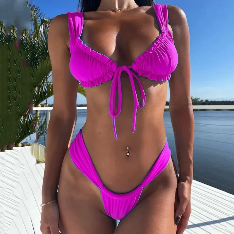 2023 Summer Explosion Women's Swimwear Sexy Bikini Two-Piece Lace Up Pleated High Waist Holiday Set