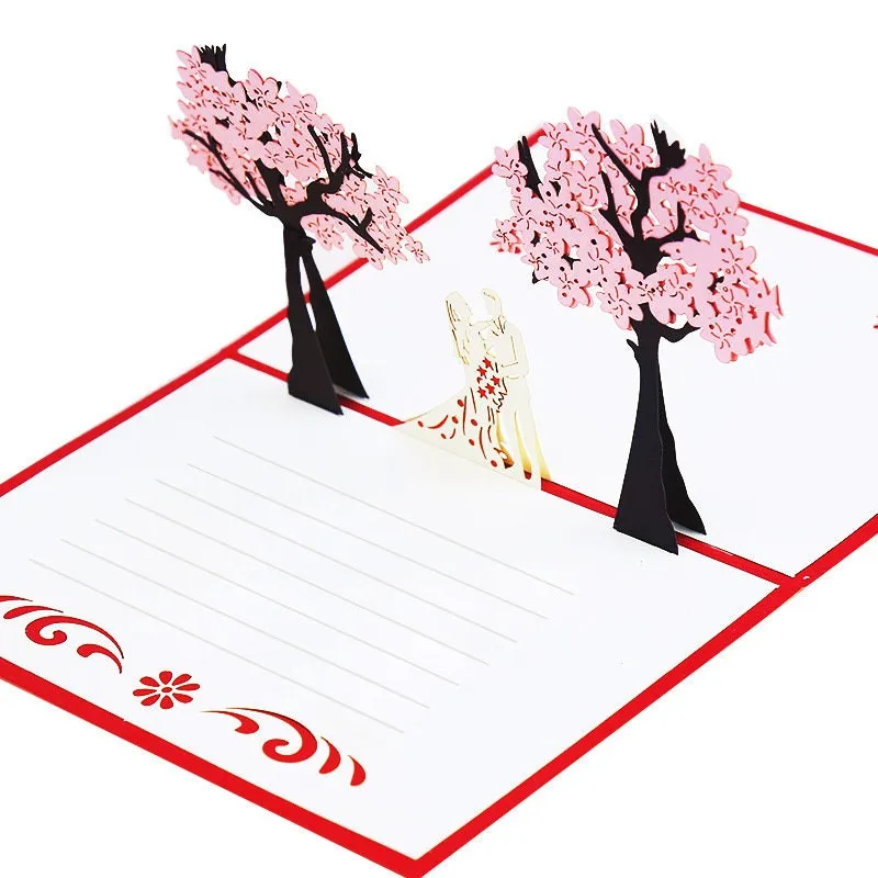 3D Pop Up Handmade Greeting Card for Wedding Couple Under Cherry Blossom Trees - Perfect for Wedding Wishes, Congrats, & Thank You!