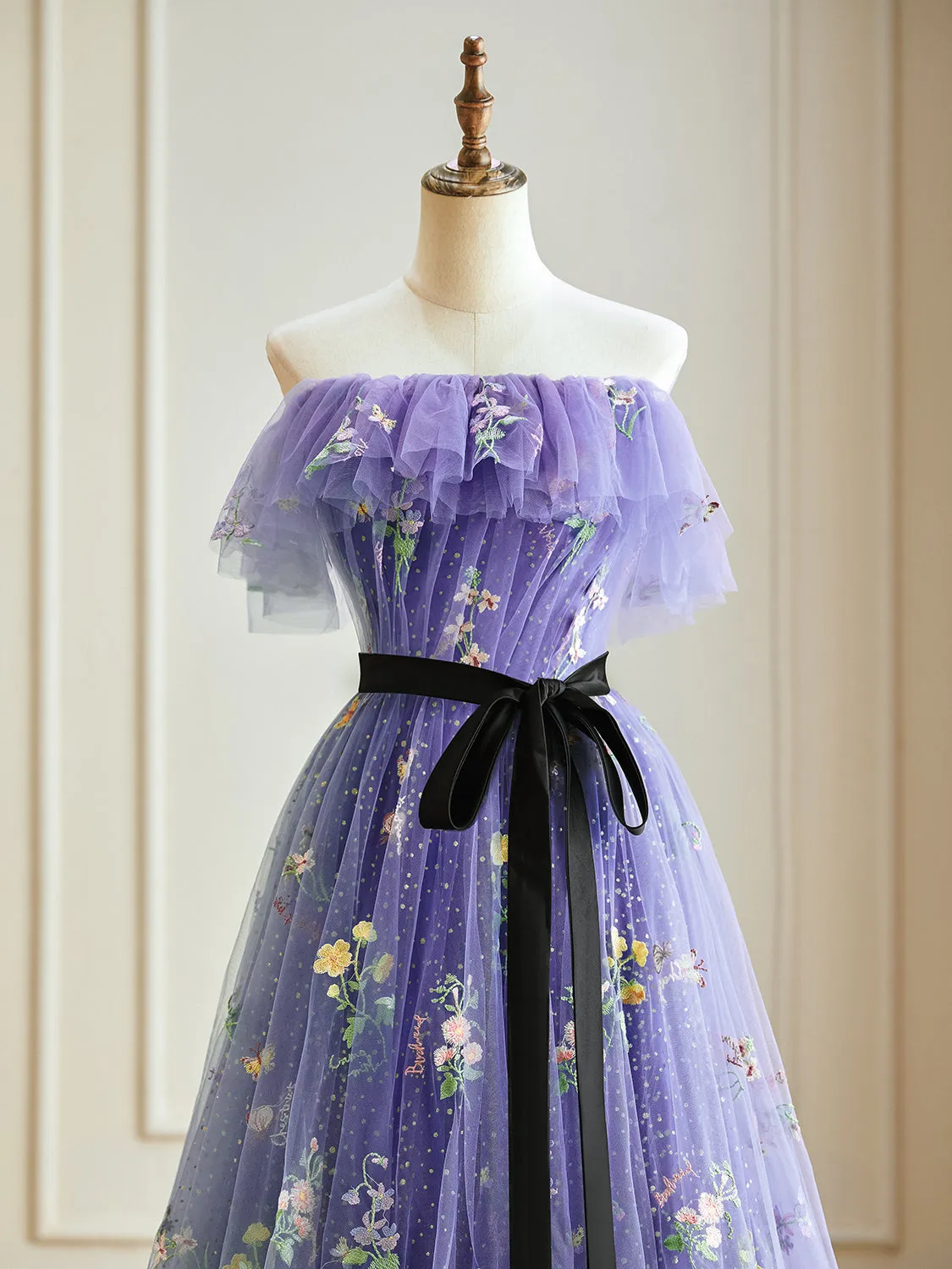 A-Line Tulle Lace Purple Long Prom Dress, Purple Long Formal Dress