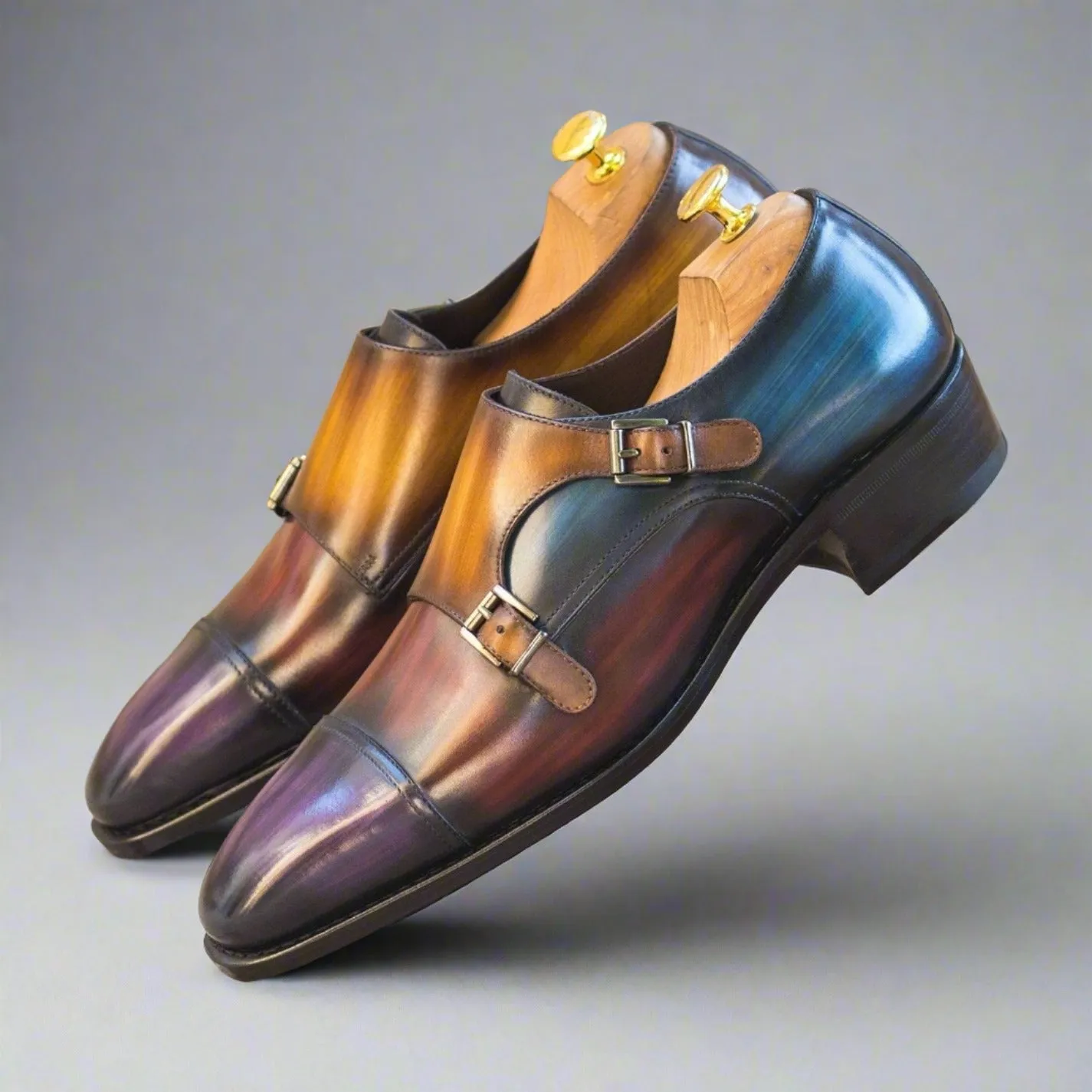 Ambrogio Bespoke Custom Men's Shoes Denim, Cognac, Purple & Burgundy Patina Leather Monk-Straps Loafers (AMB2227)