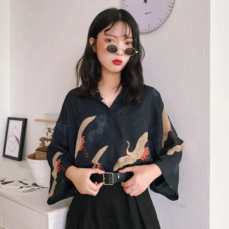 Animal Print Crane Black Blouses