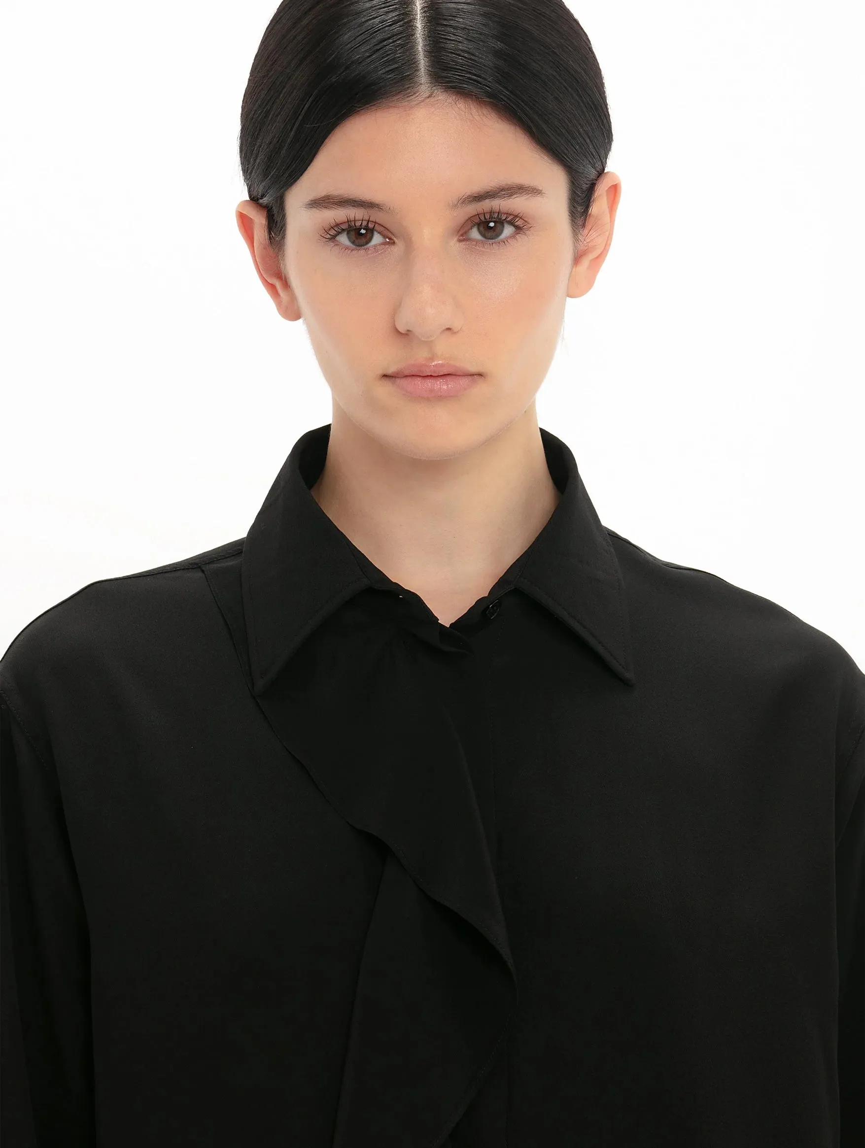 Asymmetric Ruffle Silk Blouse in Black