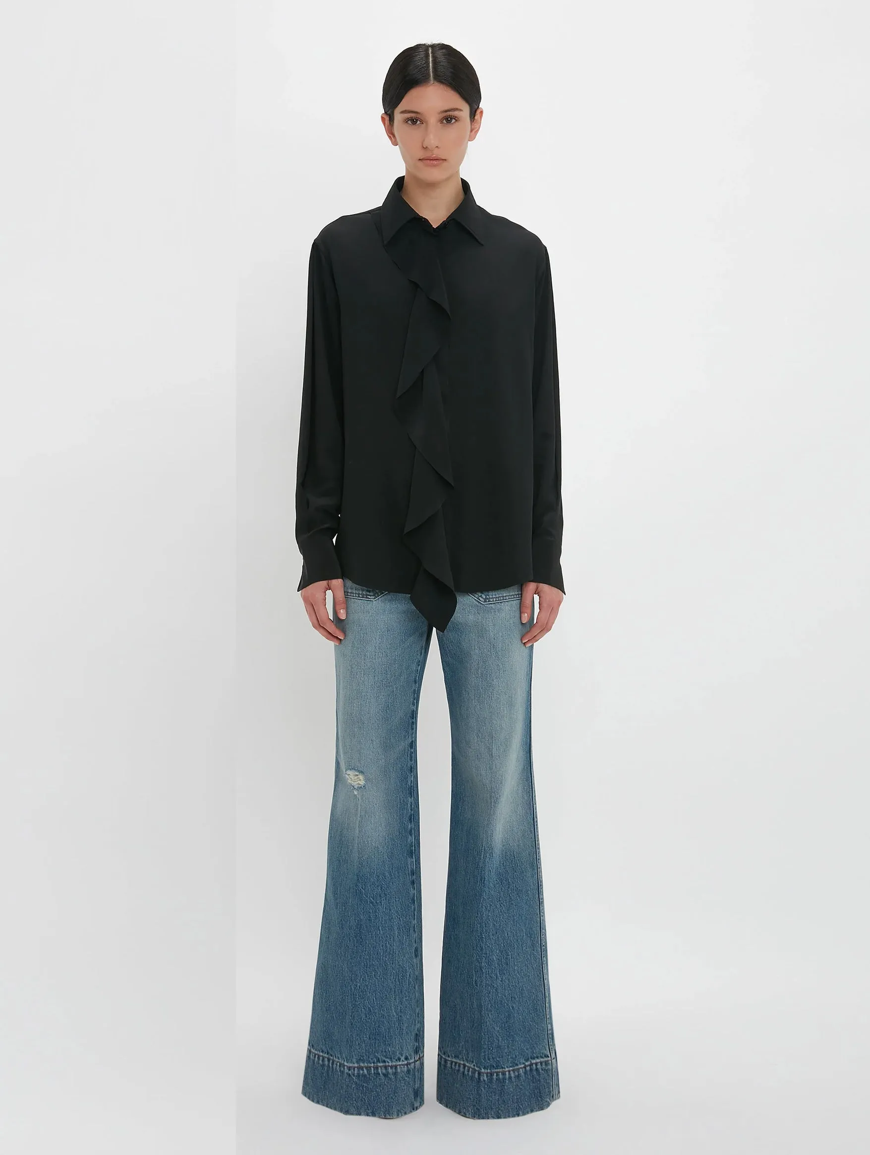 Asymmetric Ruffle Silk Blouse in Black