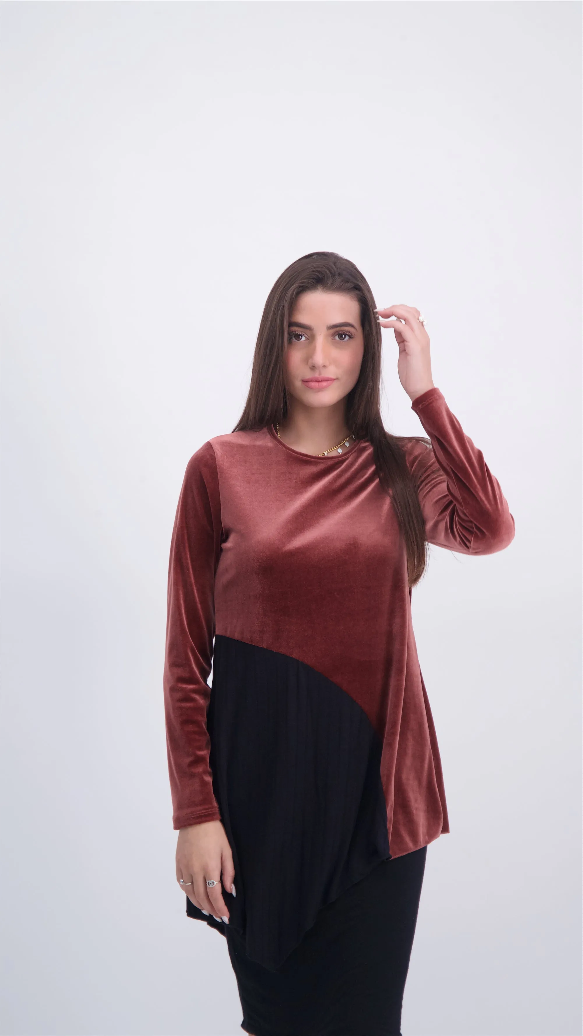 Asymmetric Velvet T-Shirt / Burgandy / חולצה