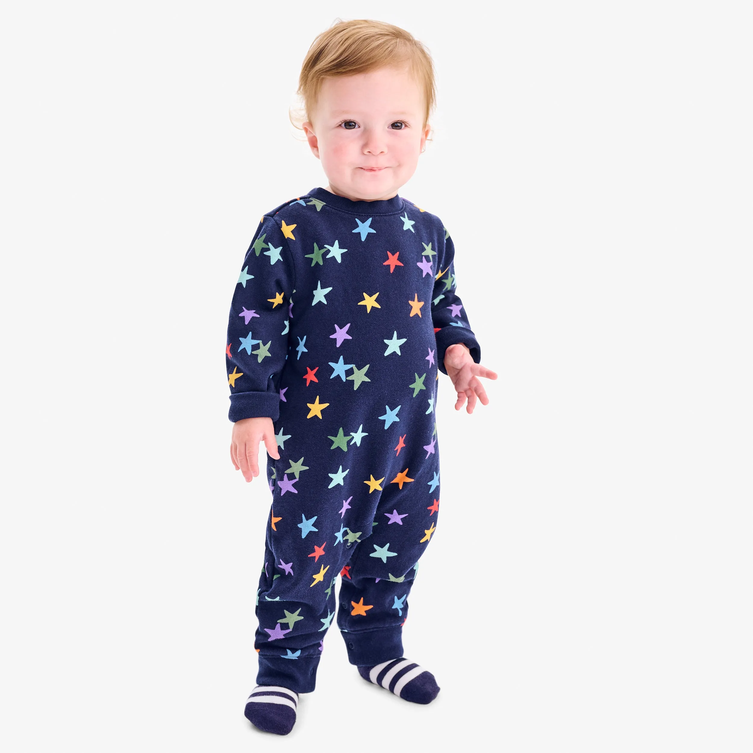 Baby sweatshirt romper in rainbow confetti stars