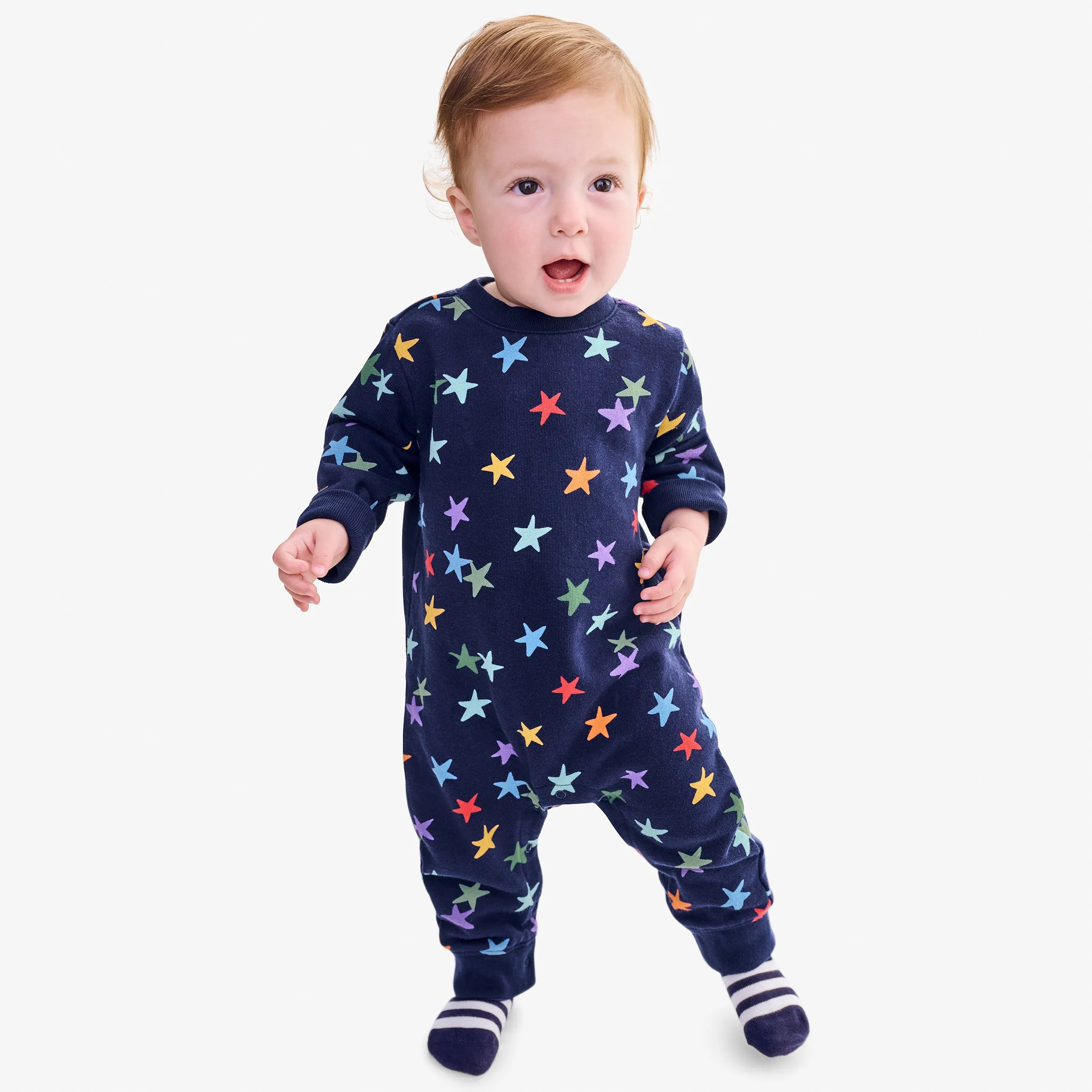 Baby sweatshirt romper in rainbow confetti stars