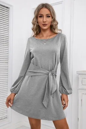 Balloon Sleeve Knot Waist Dress