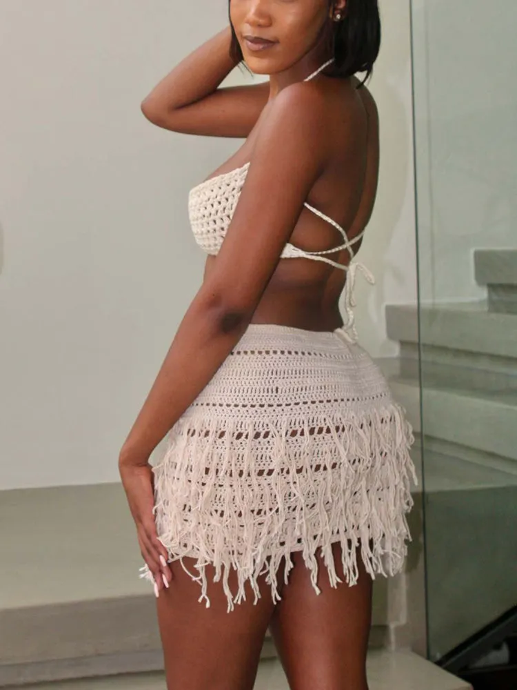 Bandage Tassel Crochet Skirt Set