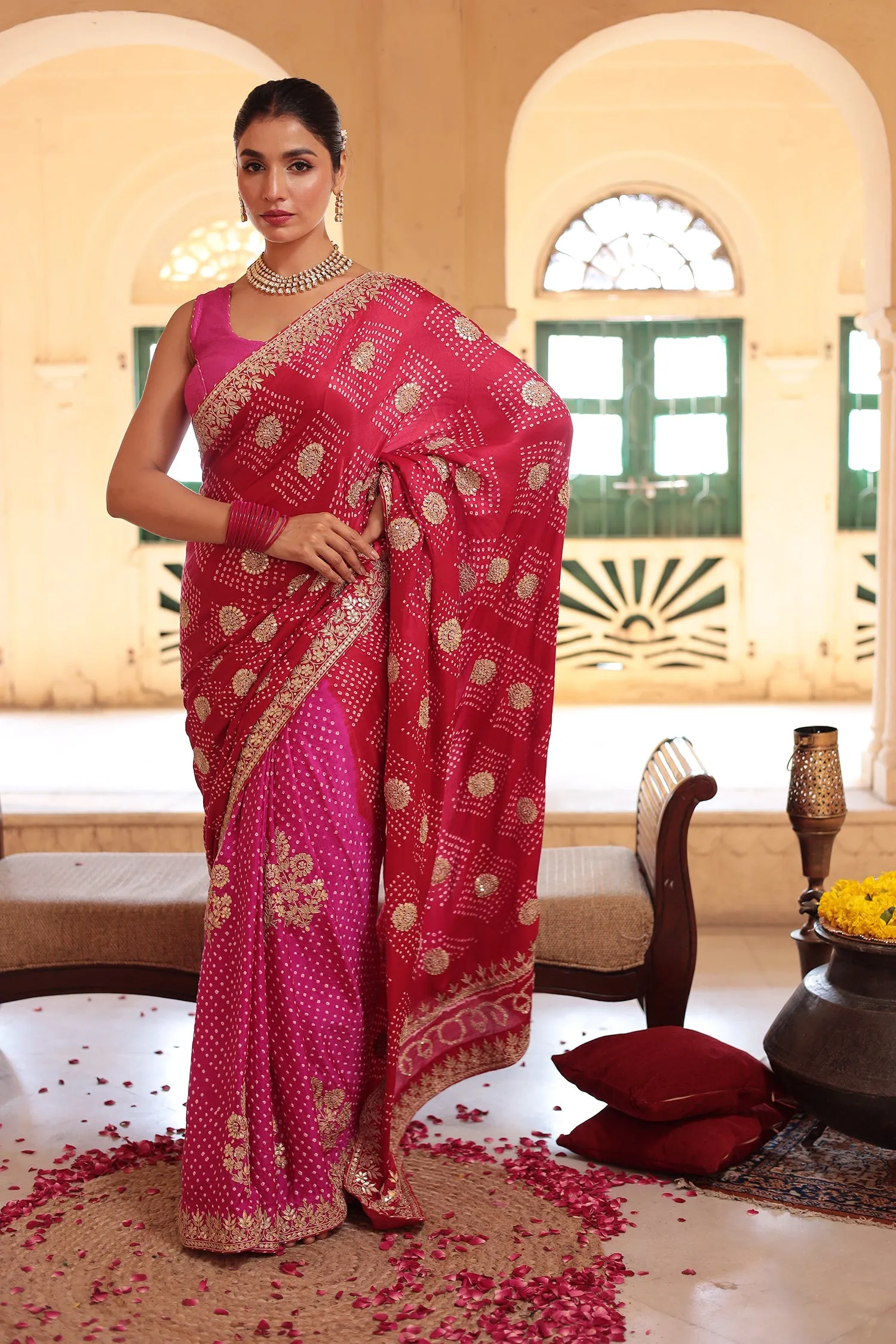 Bandhej Gajji Silk Saree with Dori and Gota Patti work