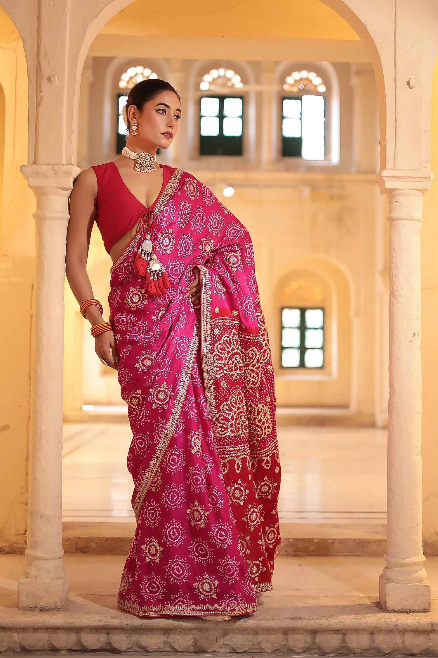 Bandhej Gajji Silk Saree with Dori and Gota Patti work