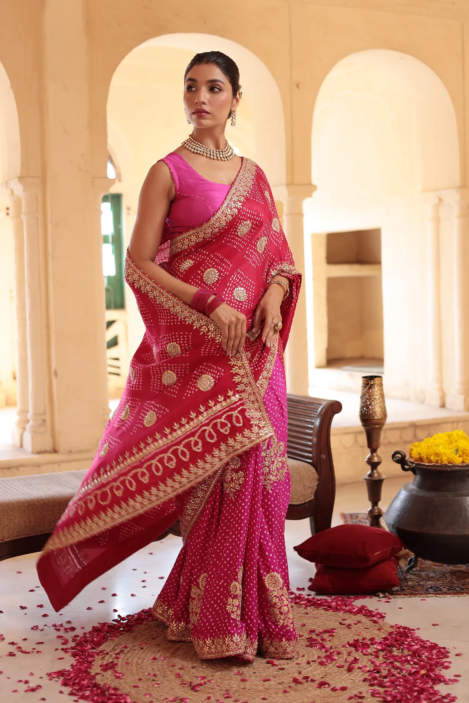 Bandhej Gajji Silk Saree with Dori and Gota Patti work