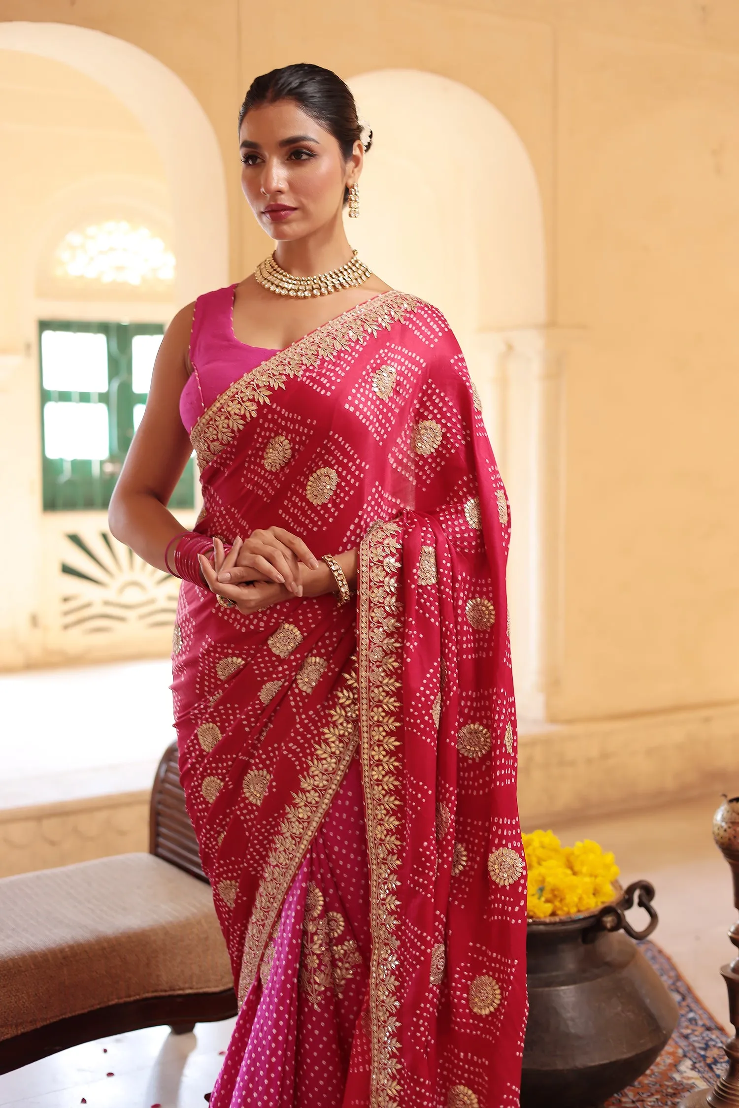 Bandhej Gajji Silk Saree with Dori and Gota Patti work