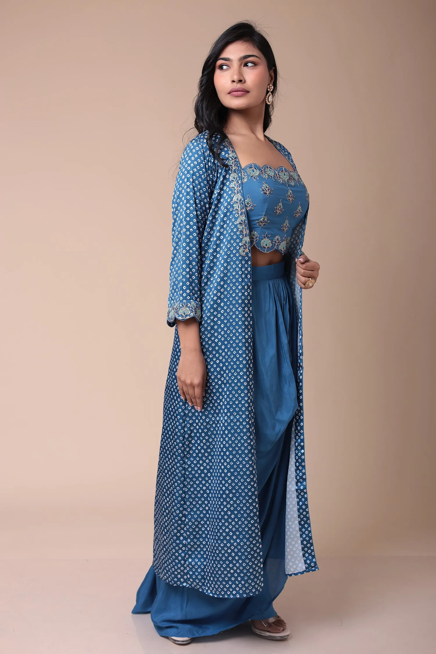 Bandhej Silk Jacket Style Indowestern with Dori and Embroidered work.