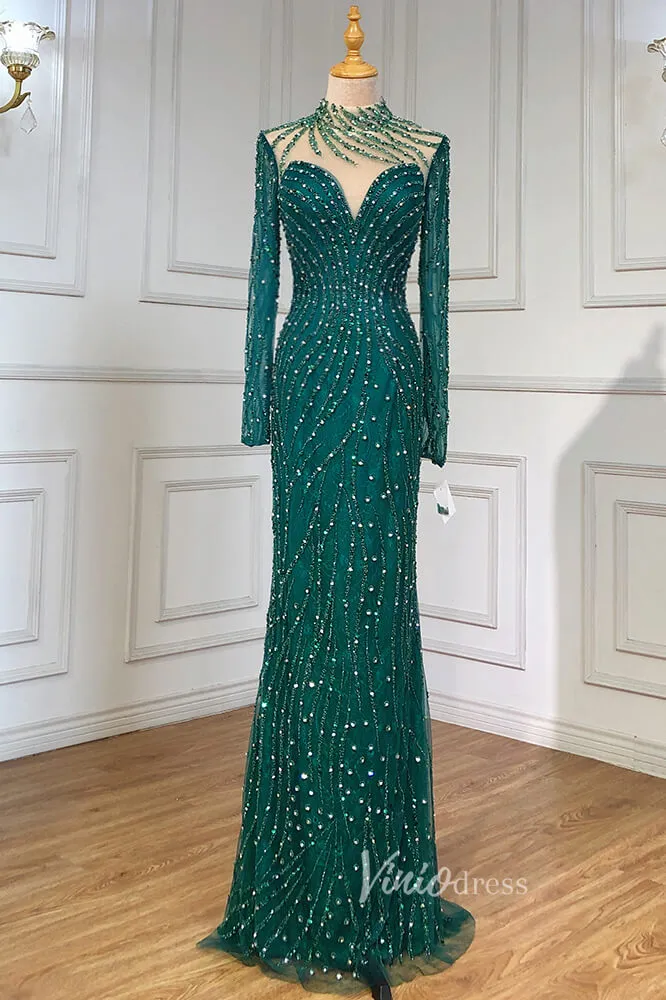 Beaded Mermaid Formal Dresses Long Sleeve High Neck Pageant Dress FD3002