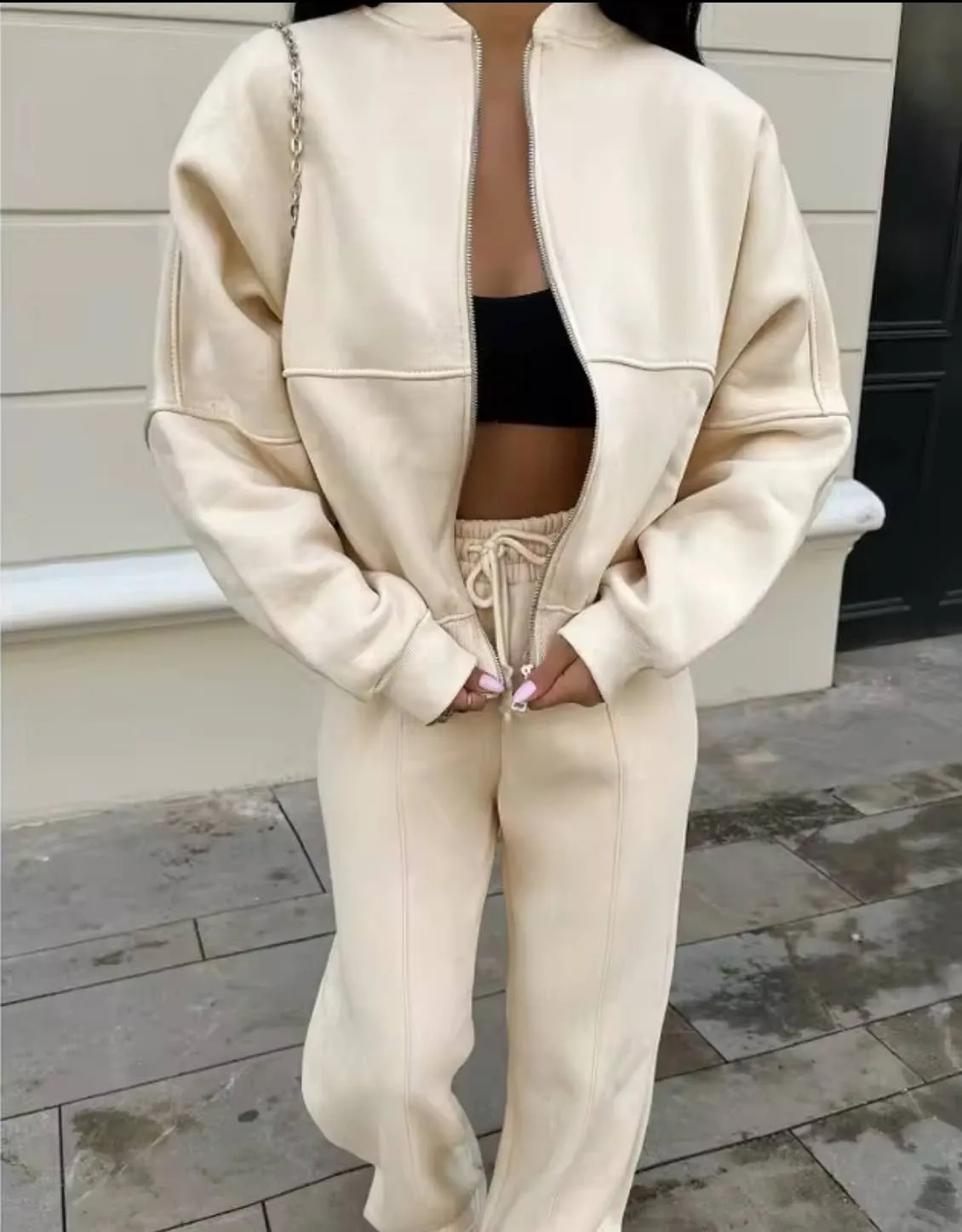 Beige Tracksuit With Pants And Matching Zip Up Cardigan