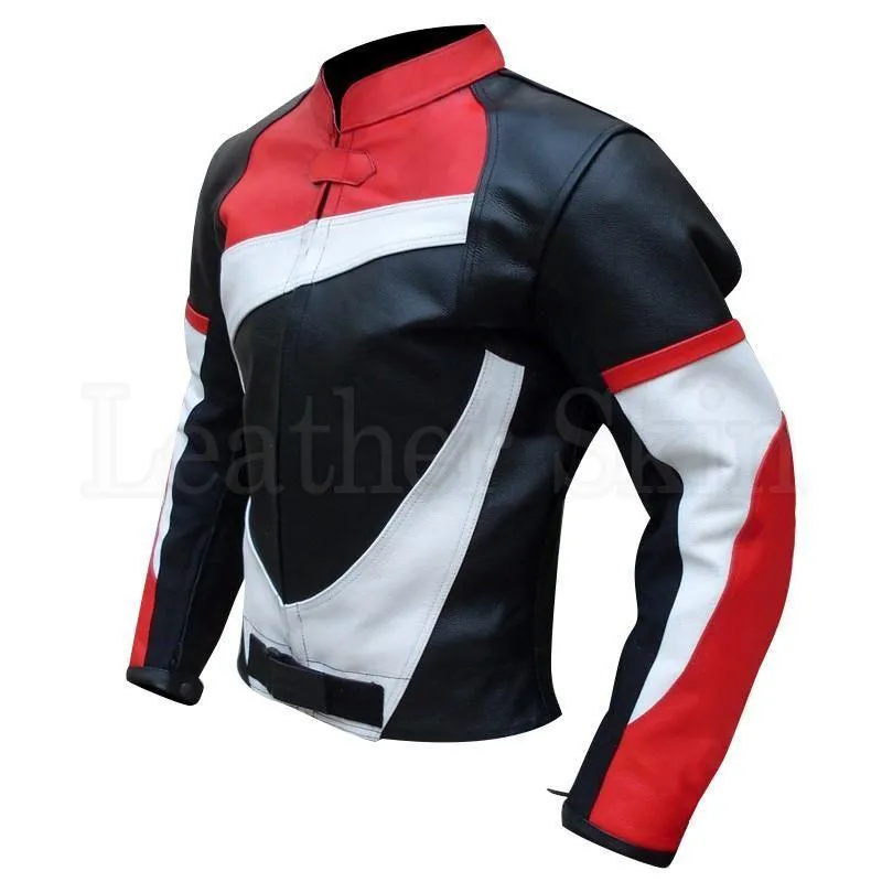 Biker Champion Black Leather Jacket with Red & White Pattern