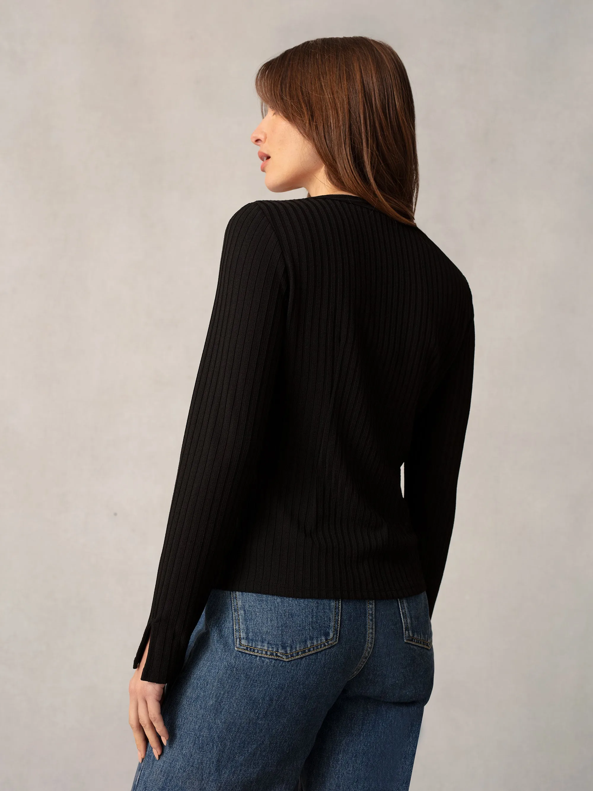 Black Button Front Ribbed Jersey Top