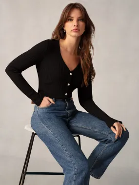 Black Button Front Ribbed Jersey Top