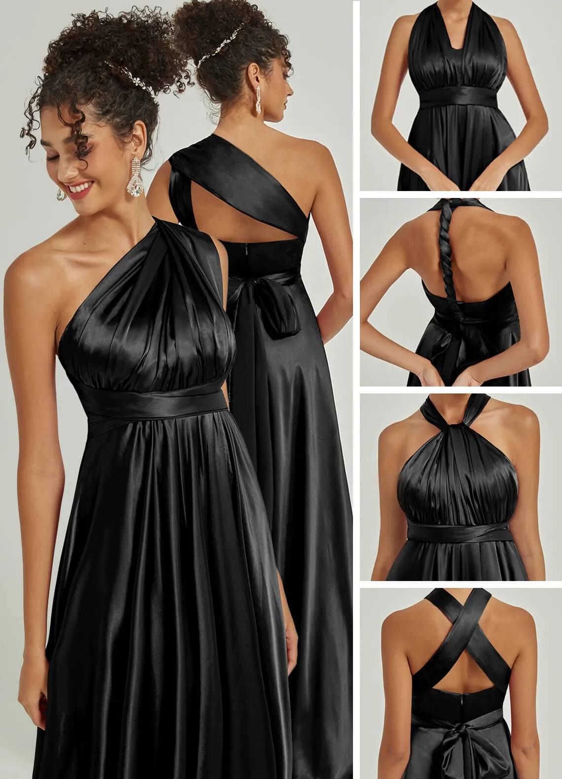 Black Satin Convertible Bridesmaid Dress Multi Ways Wrap A-Line Gowns