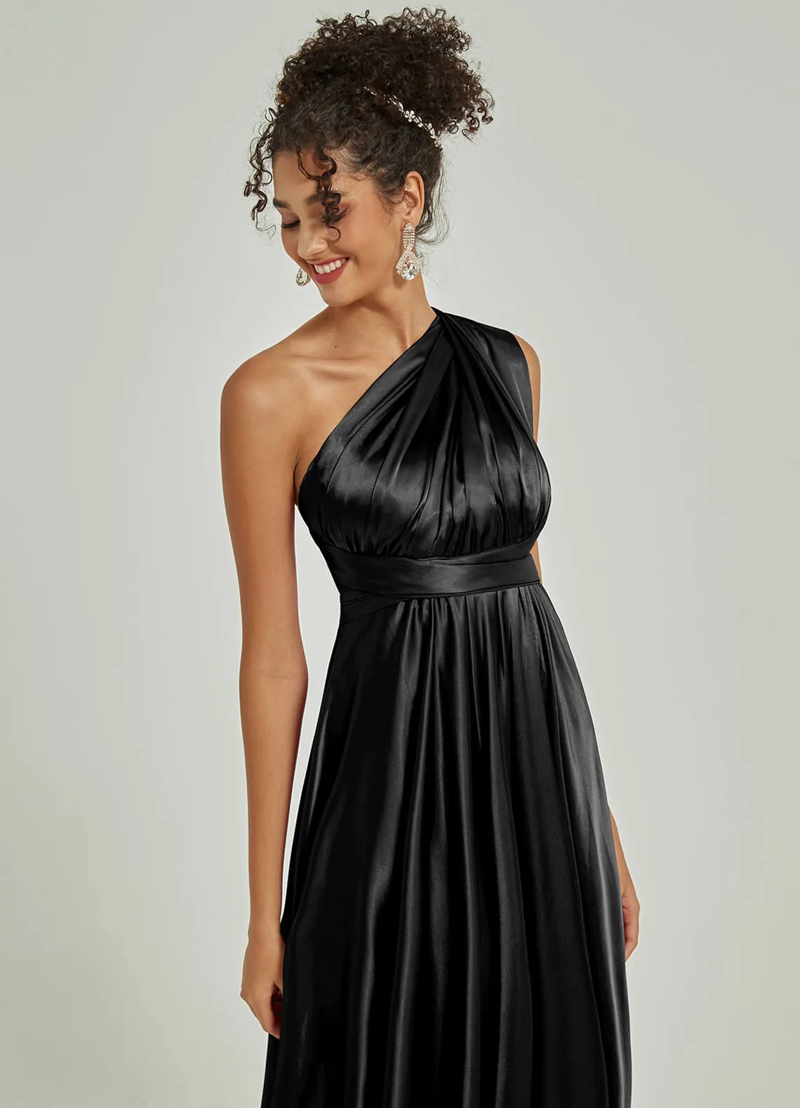 Black Satin Convertible Bridesmaid Dress Multi Ways Wrap A-Line Gowns