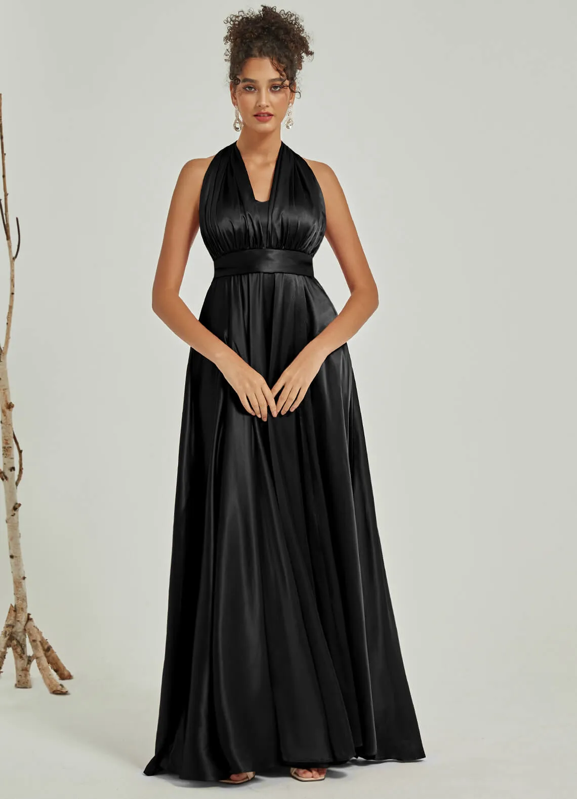 Black Satin Convertible Bridesmaid Dress Multi Ways Wrap A-Line Gowns