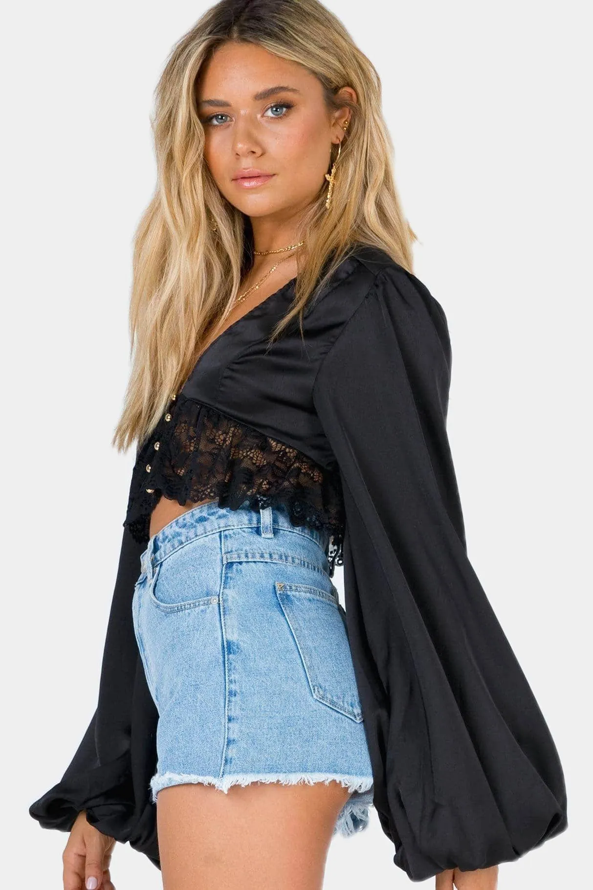 Black Satin V-neck Lace Detail Puff Sleeve Crop Top Blouse