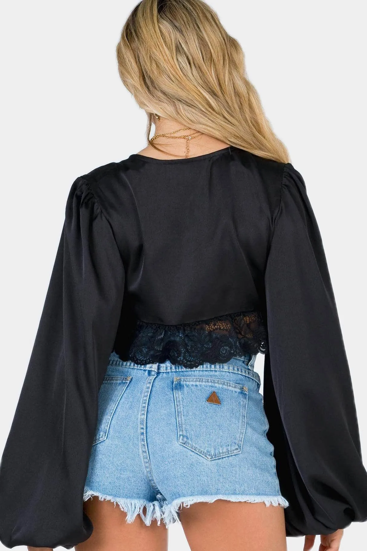 Black Satin V-neck Lace Detail Puff Sleeve Crop Top Blouse