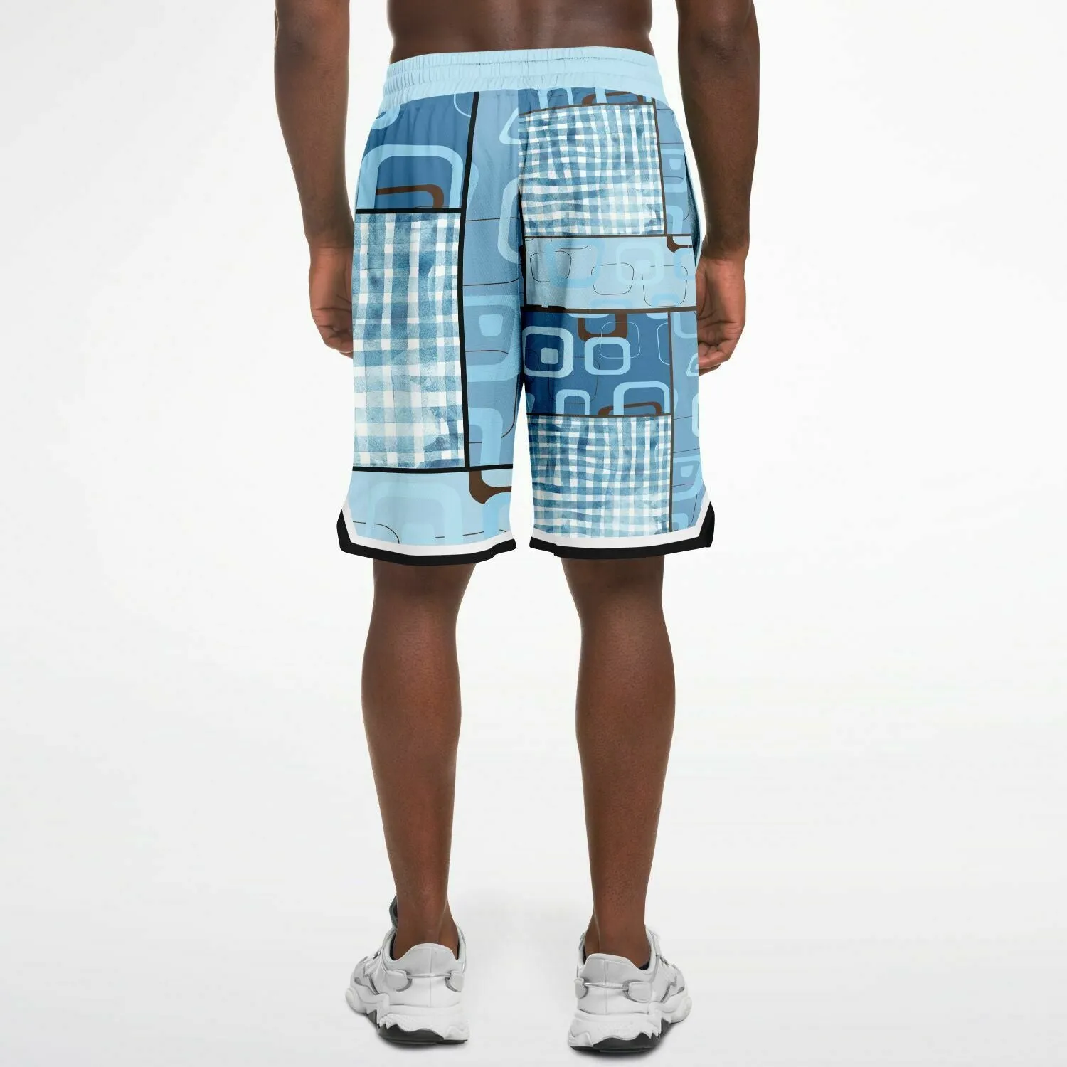 Blue Geo Patchwork Plaid Basketball Shorts