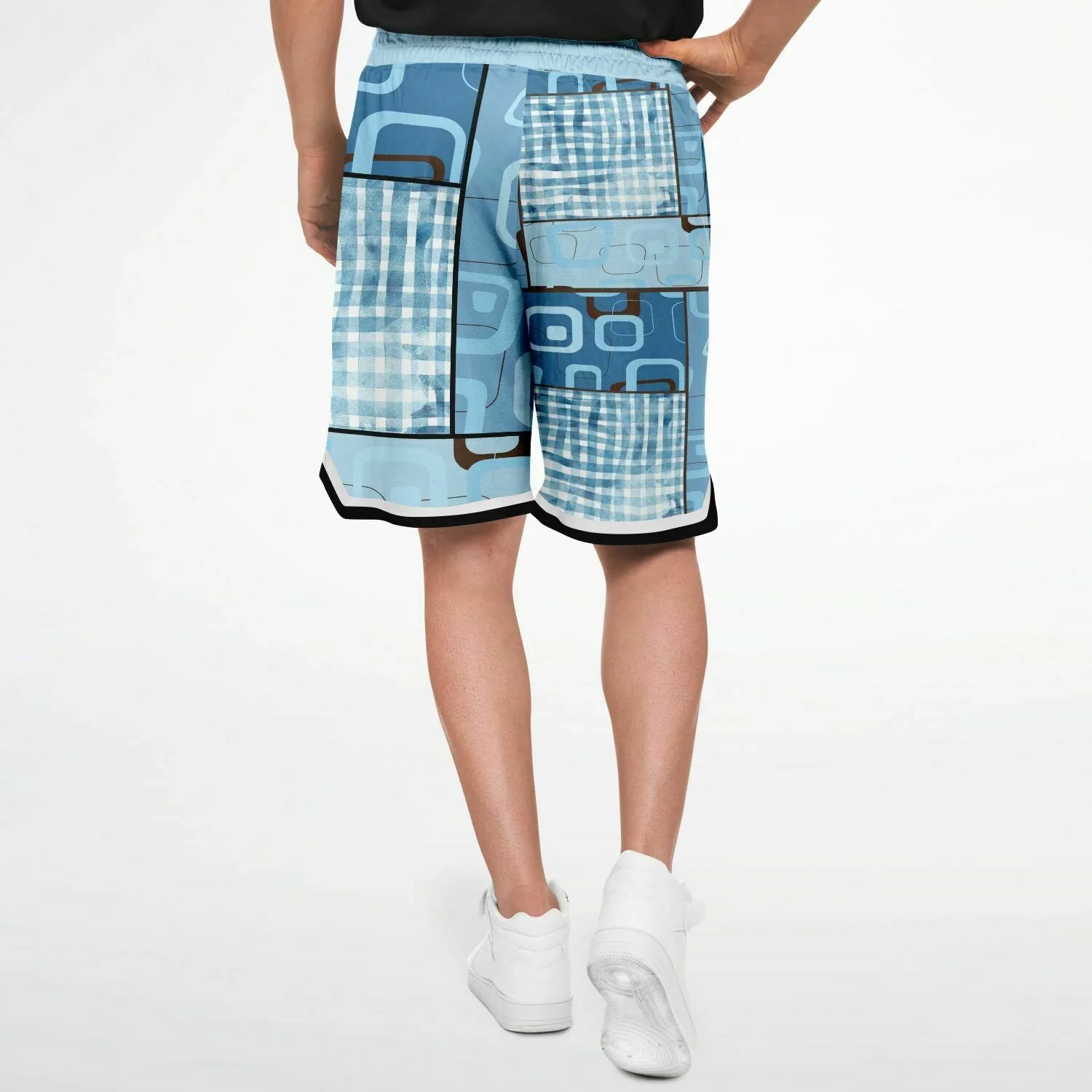 Blue Geo Patchwork Plaid Basketball Shorts