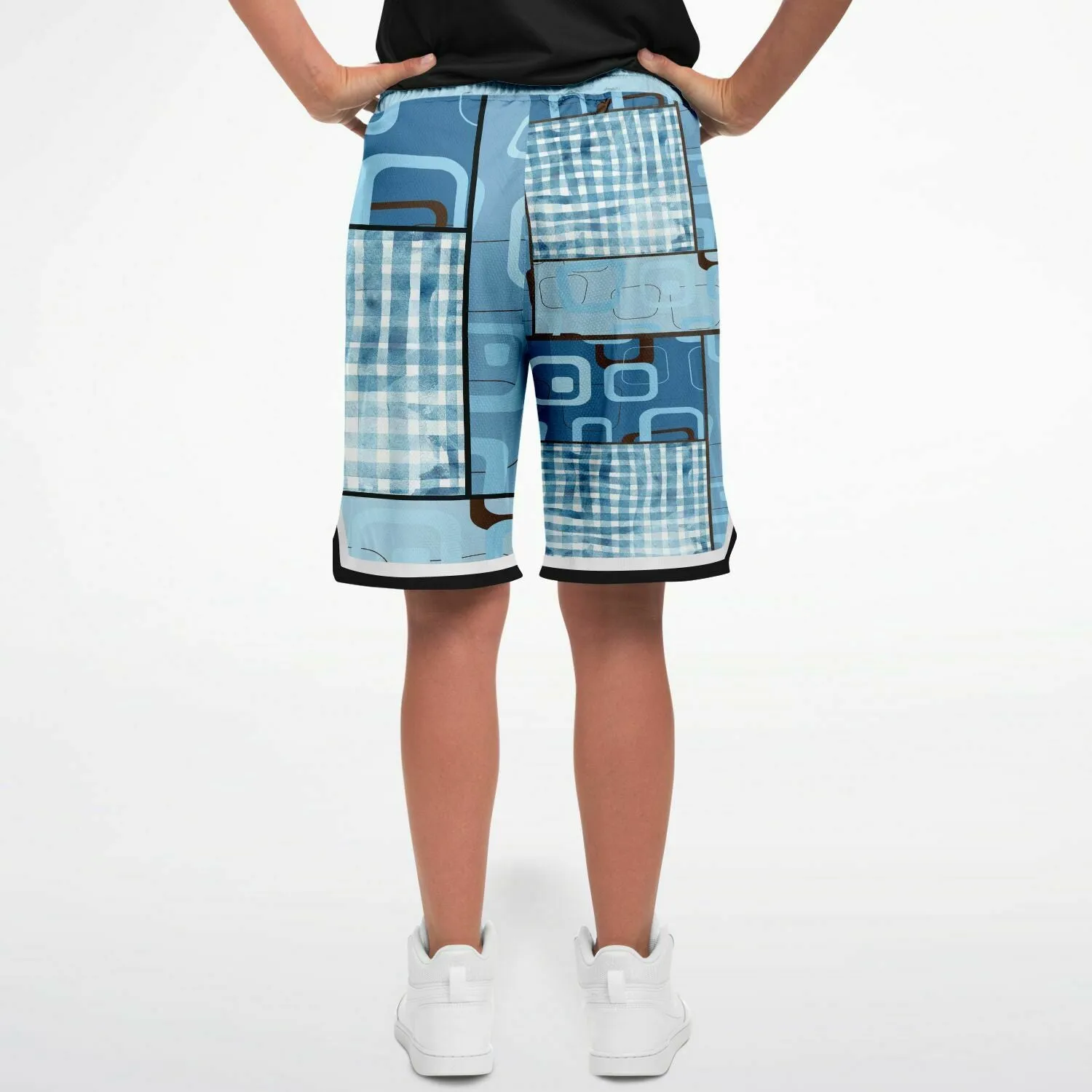 Blue Geo Patchwork Plaid Basketball Shorts