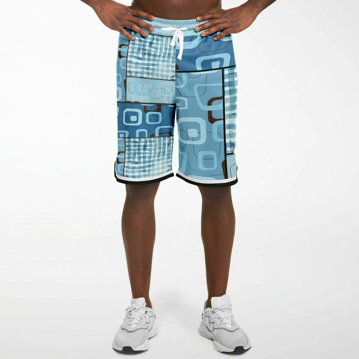 Blue Geo Patchwork Plaid Basketball Shorts