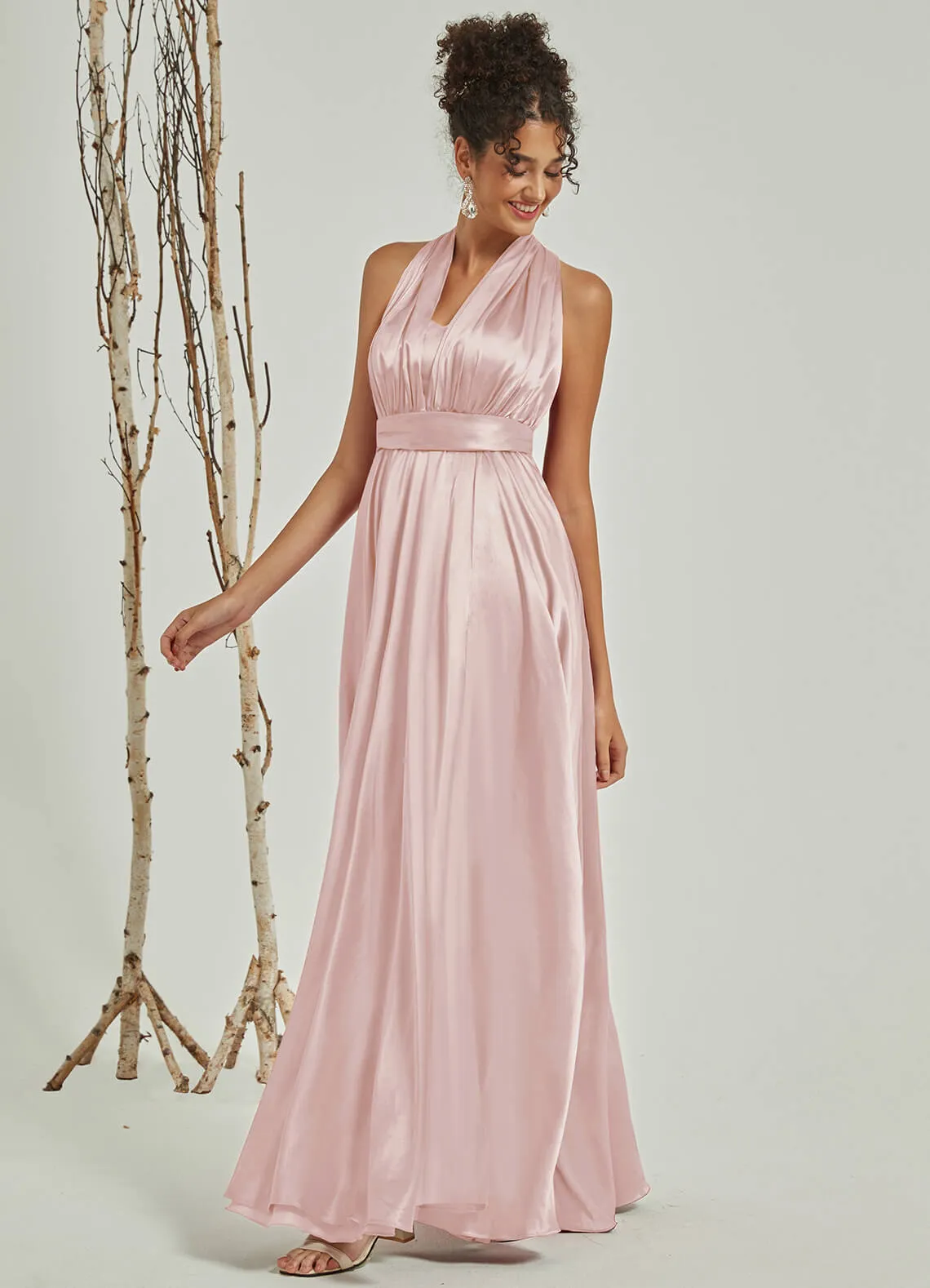 Blush Satin Convertible Bridesmaid Dress Multi Ways Wrap A-Line Gowns