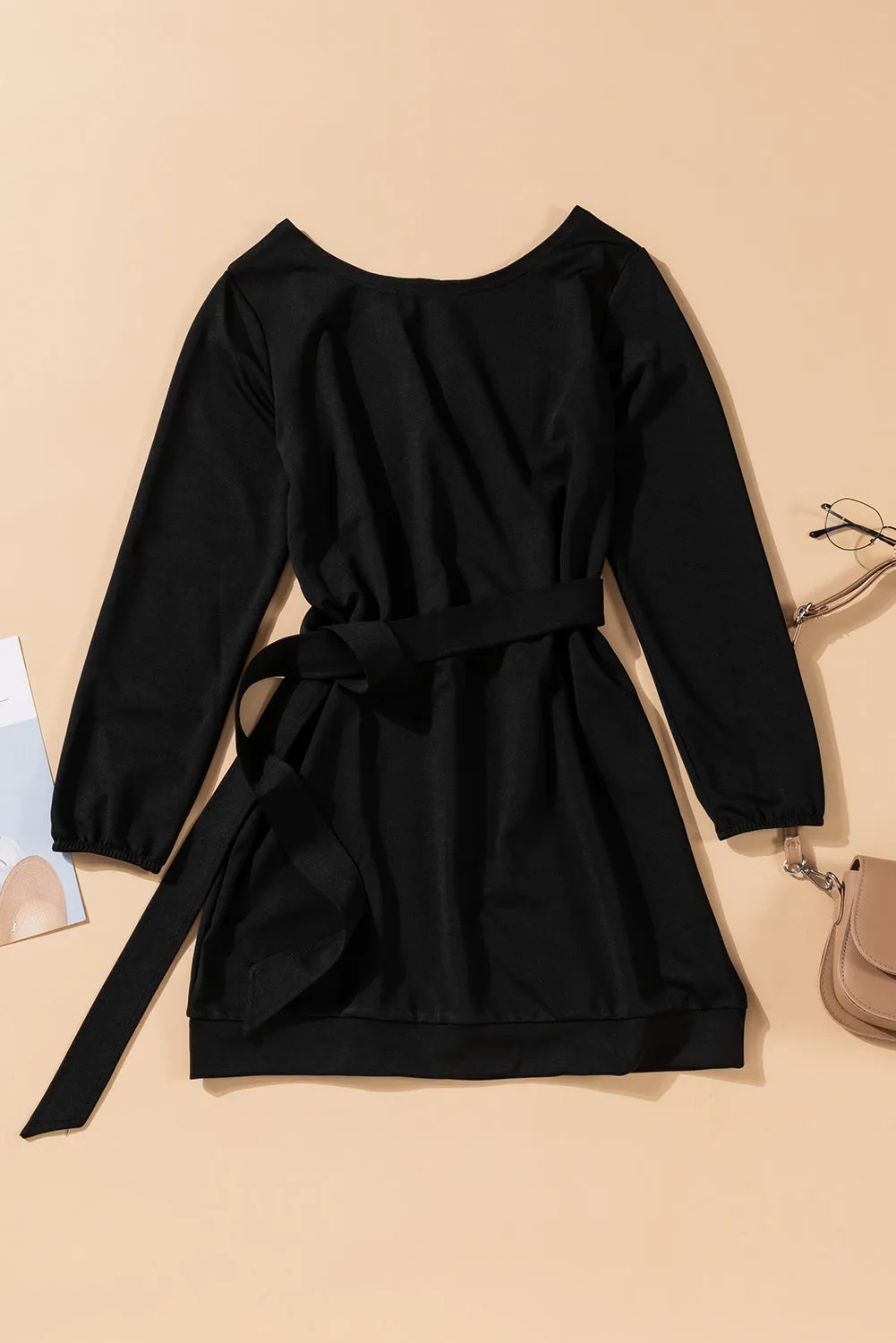 Boat Neck Belted Long Sleeve Dress