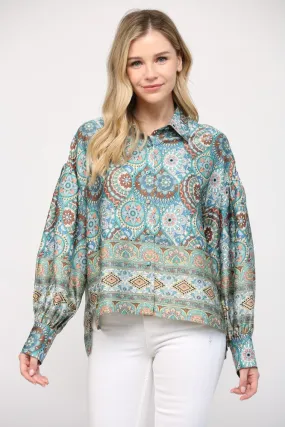 Border Print Button Down Blouson Sleeve Blouse