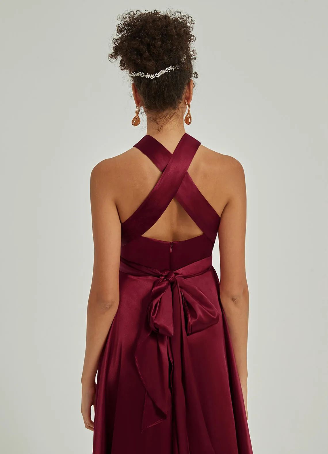 Burgundy Satin Convertible Bridesmaid Dress Multi Way Wrap A-Line Gown