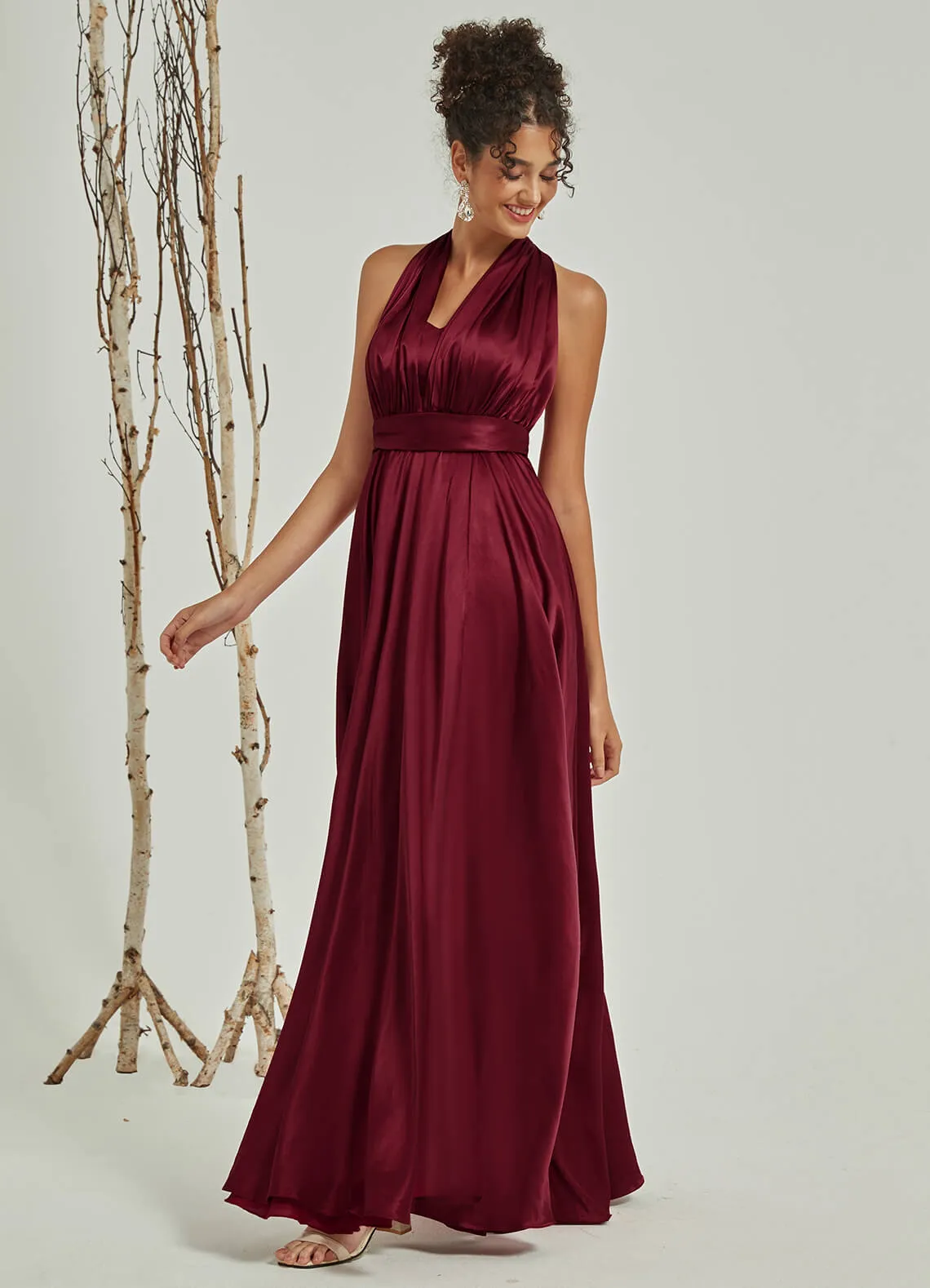 Burgundy Satin Convertible Bridesmaid Dress Multi Way Wrap A-Line Gown