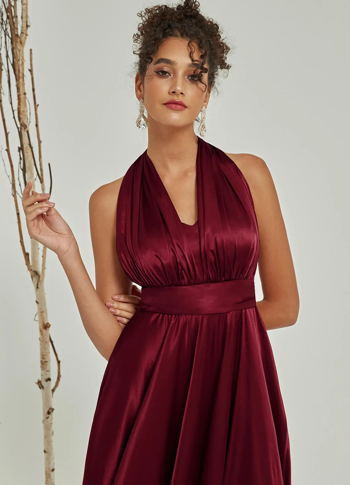 Burgundy Satin Convertible Bridesmaid Dress Multi Way Wrap A-Line Gown