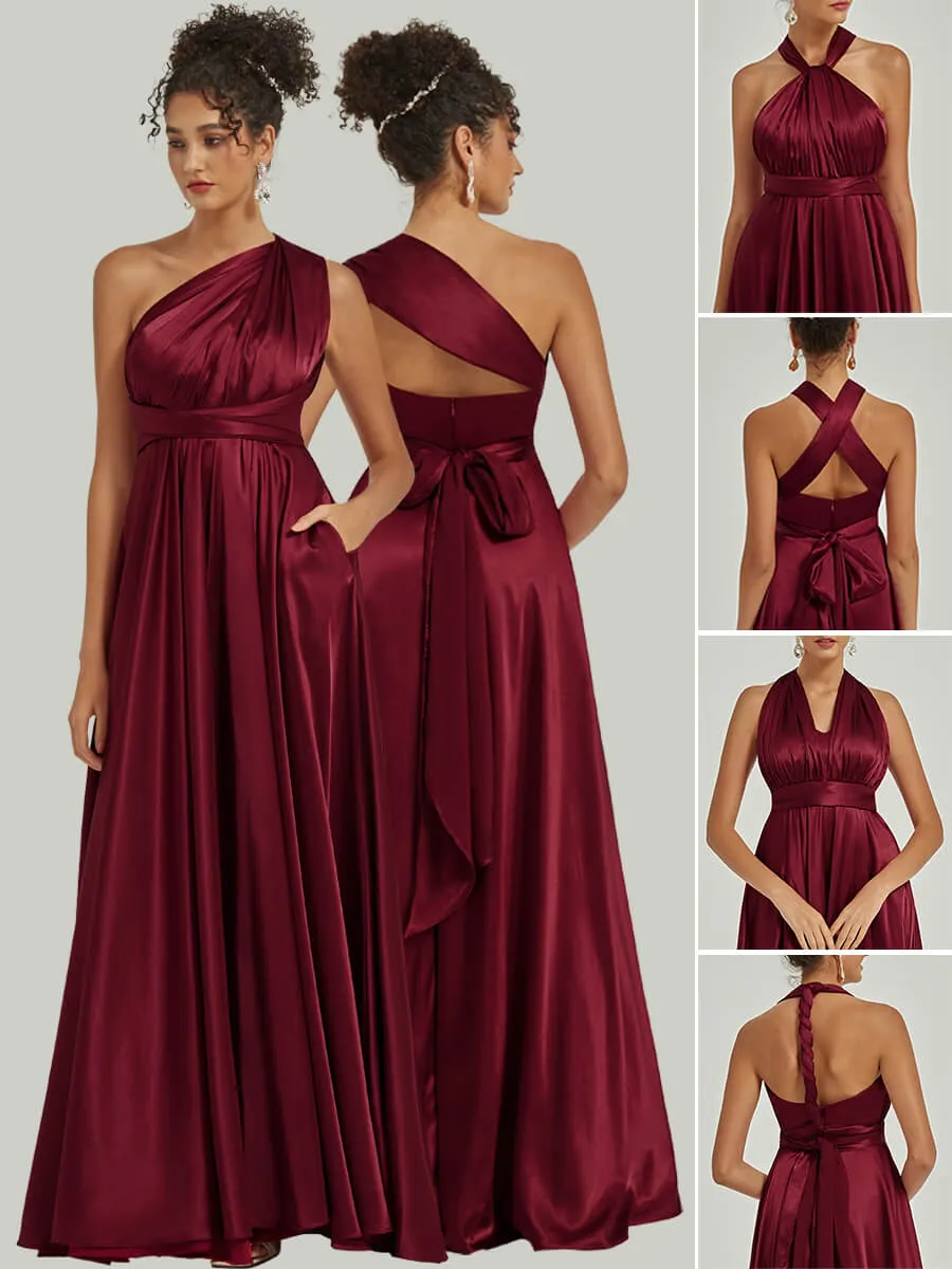 Burgundy Satin Convertible Bridesmaid Dress Multi Way Wrap A-Line Gown