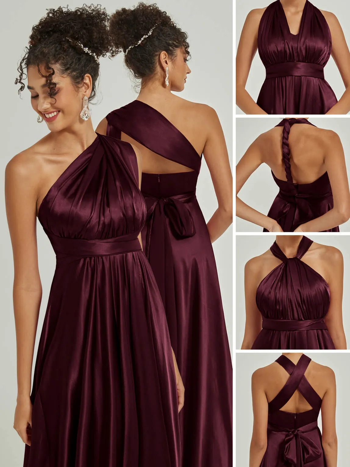 Cabernet Satin Convertible Bridesmaid Dress Multi Ways Wrap A-Line Gowns