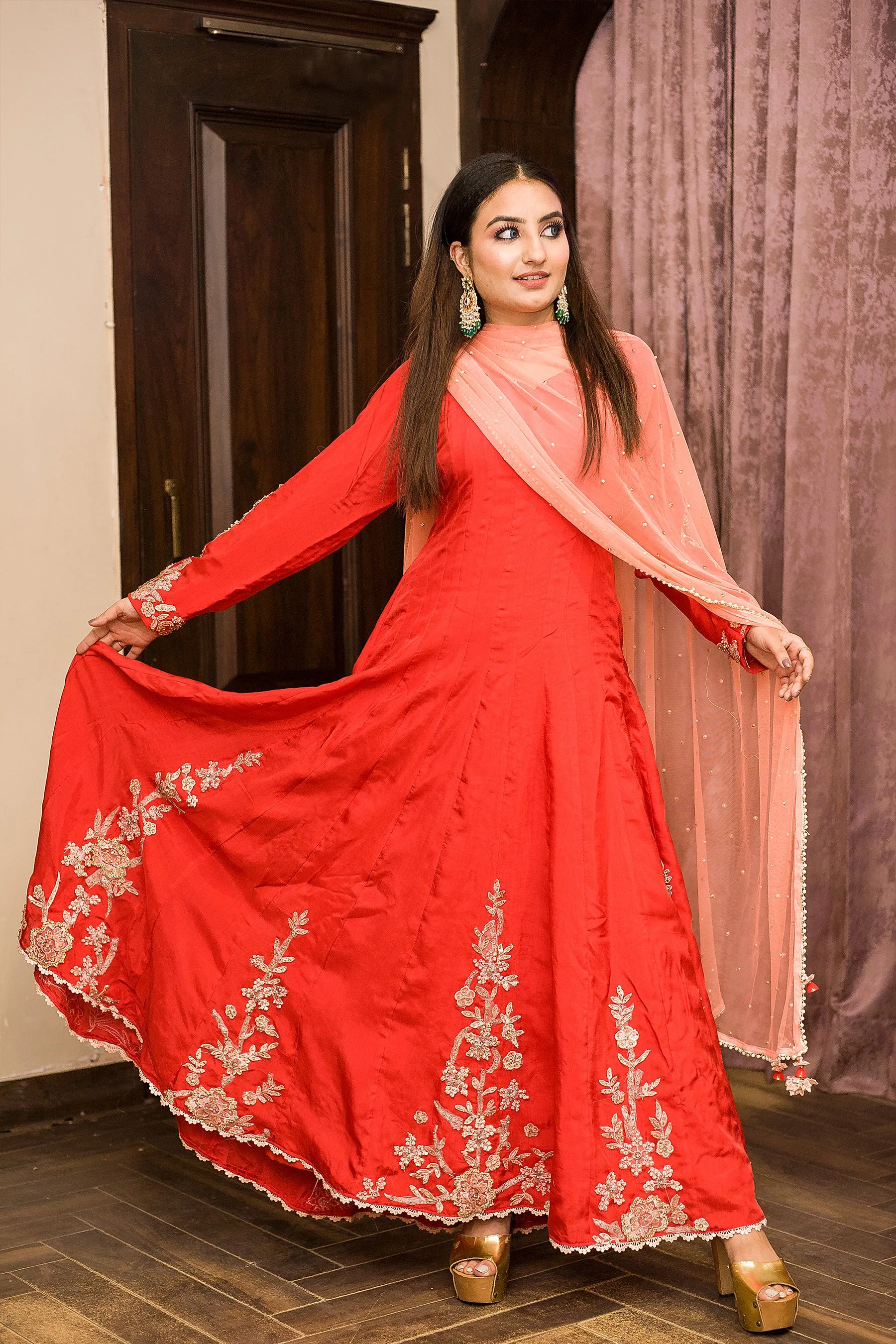 Candy Apple Red Embroidered Anarkali