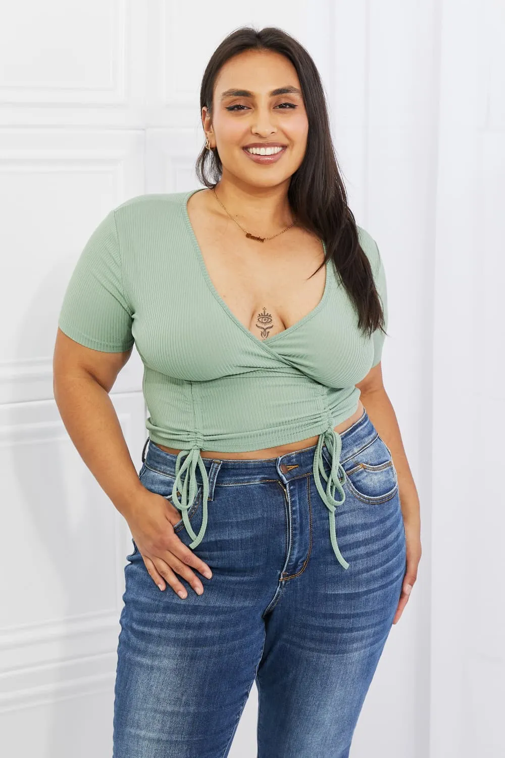 Capella, Back To Simple Ribbed Front Scrunched Top in Green