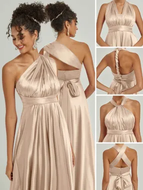 Champagne Satin Convertible Bridesmaid Dress Multi Ways Wrap A-Line Gowns